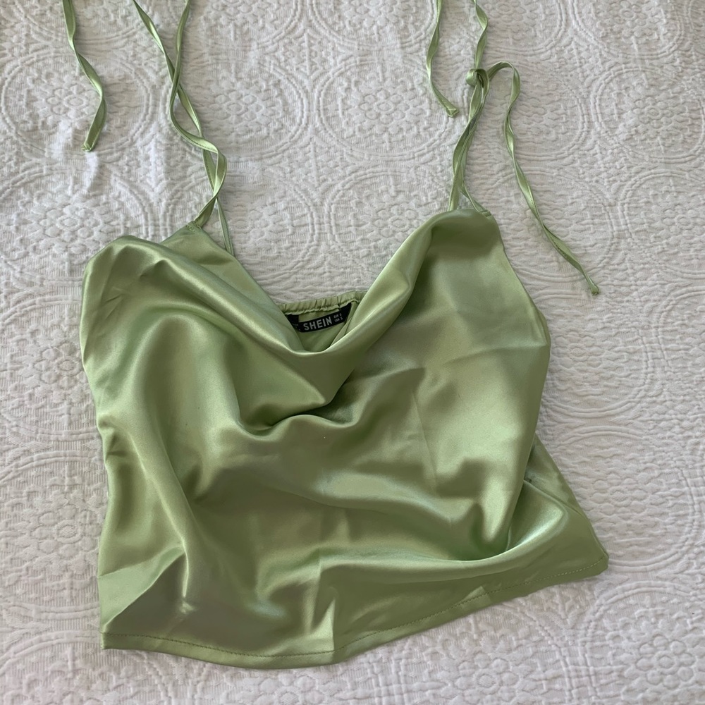adorable satin green cowl neck tank tie shoulder